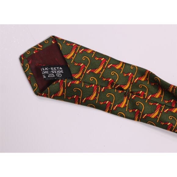 Salvatore Ferragamo Green Gold Red Santa Sleigh Print Design Silk Necktie Tie - Picture 6 of 6